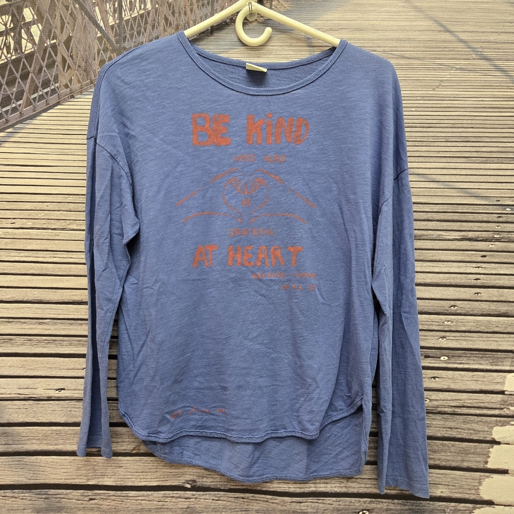 ZARA "Be Kind Grateful At Heart" Blue Red Drop Sleeve LS Top Girls' 11-12 EUC